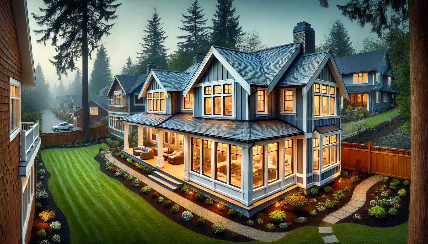A beautifully designed home addition that blends seamlessly with the existing house, featuring matching siding, roofing, and energy-efficient windows.