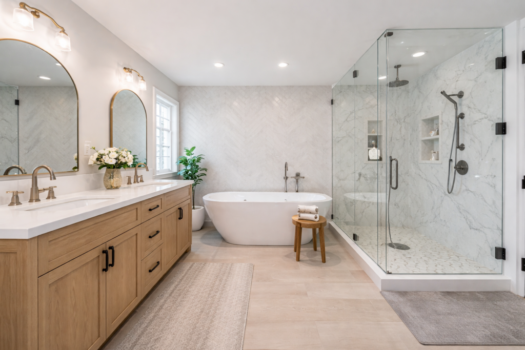 Modern master bathroom remodeling project in Mission Viejo featuring double vanity, freestanding tub, and glass walk-in shower by RODEWE.
