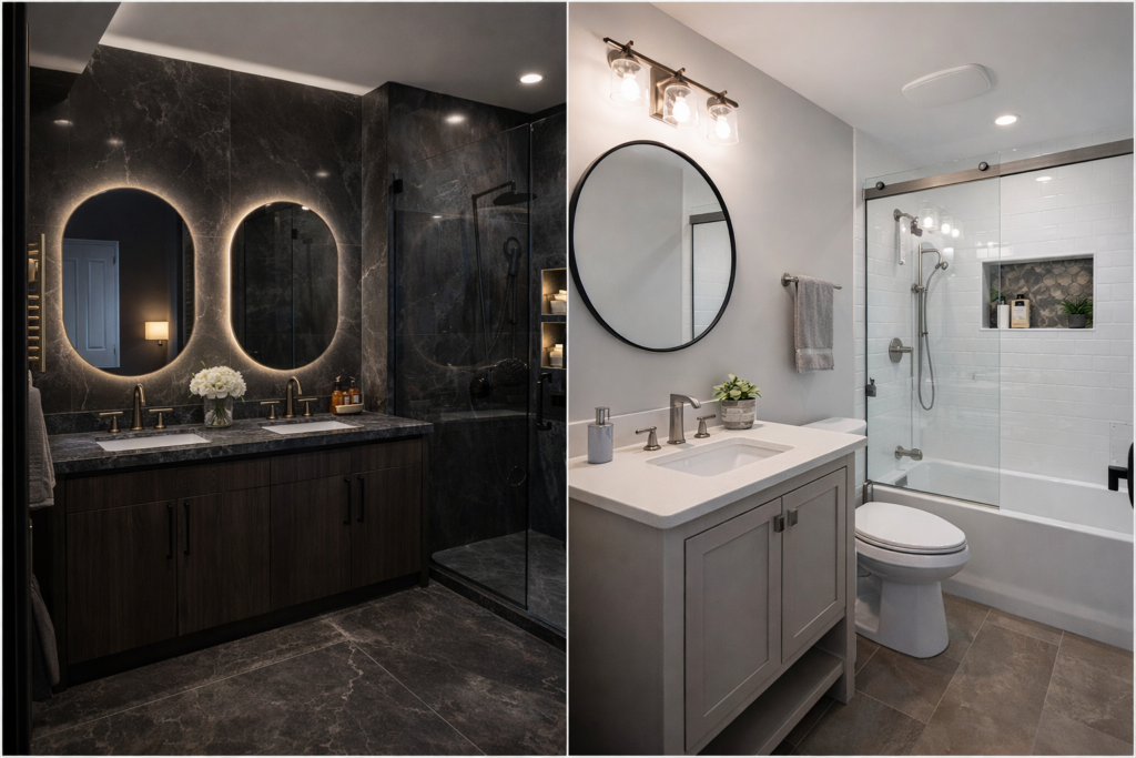 Luxury dark modern bathroom remodeling project in Mission Viejo featuring black marble tile, double vanity, LED mirrors, and glass shower by RODEWE.