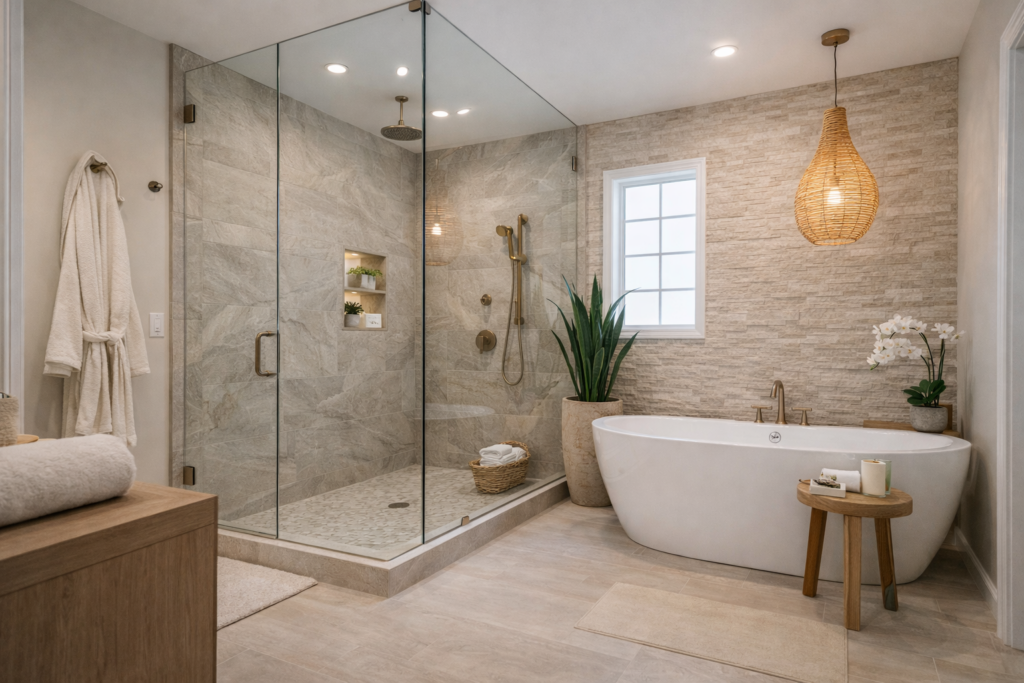 Small bathroom remodeling project in Mission Viejo with modern vanity, subway tile shower, and space-saving layout designed by RODEWE.